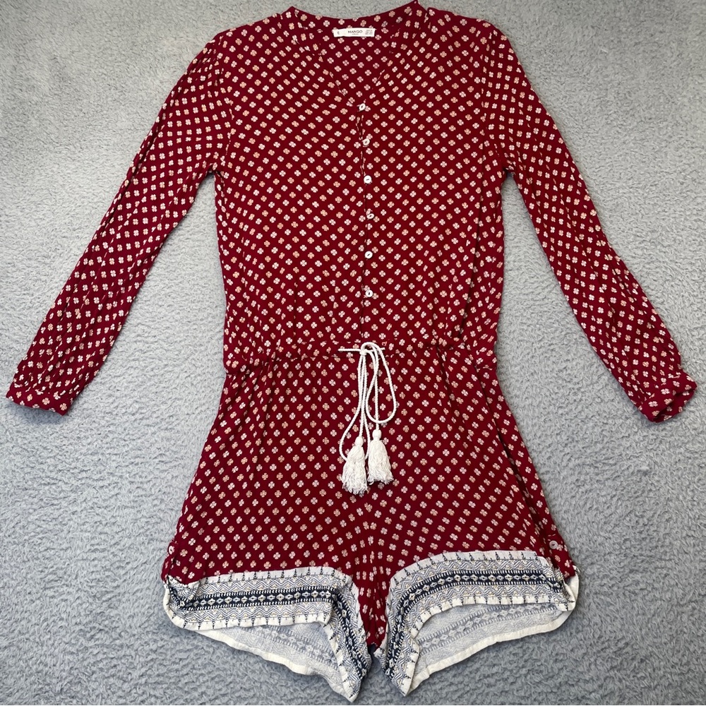 Mango Long Sleeve Boho Romper Suit Womens XXS 2XS Red  Playsuit Festival